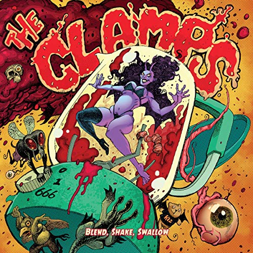 Record album cover: surreal, colorful illustration of a purple demon in a blender.