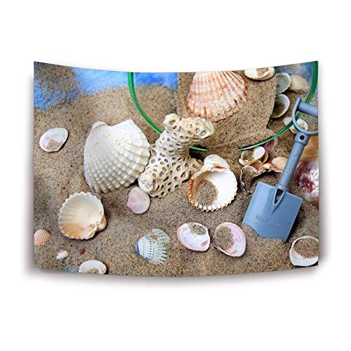 A wall tapestry showing seashells, coral, and a small blue shovel on sand.