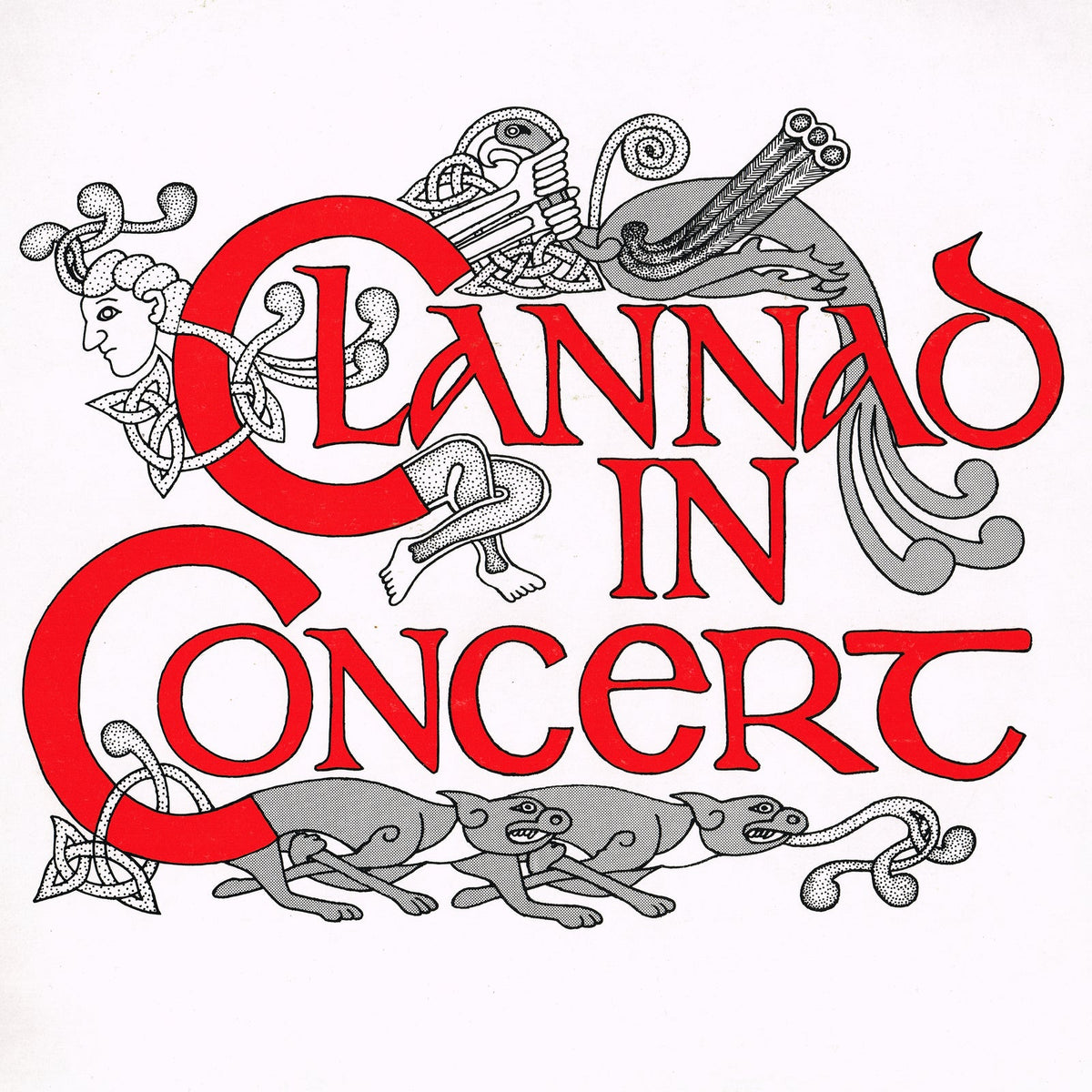 “Clannad In Concert” LP cover with Celtic knotwork and greyhounds.