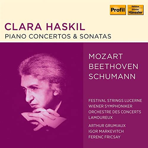 CD cover featuring pianist Clara Haskil and composers Mozart, Beethoven, Schumann.