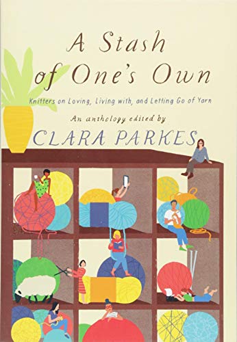 The image shows a book cover with a title and subtitle. alt text: Book cover with people surrounded by yarn on shelves.