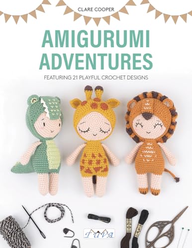 Book cover displaying three crocheted animal dolls and crochet tools.