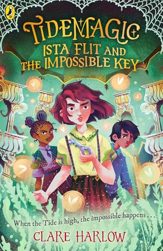 Book cover featuring three children in a fantastical, ornate hallway.