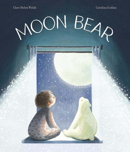 Child and polar bear sit gazing at a large, bright moon.