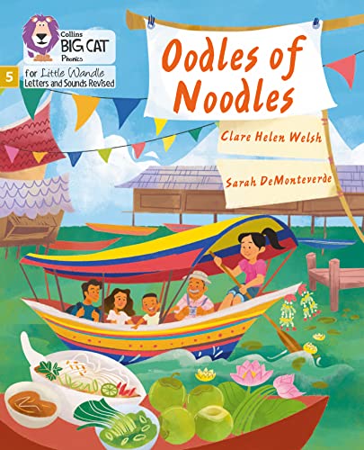 Children in a colorful boat on a river with bowls of noodles in foreground.