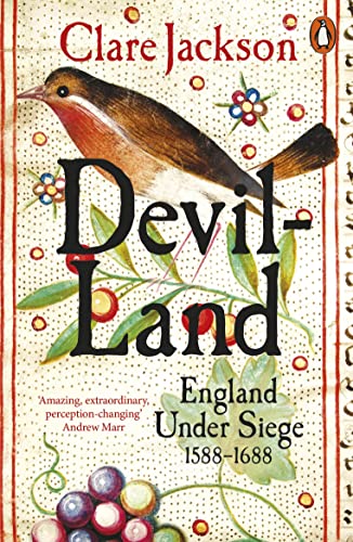 Book cover for "DevilLand" with a robin, floral design, and bold title.
