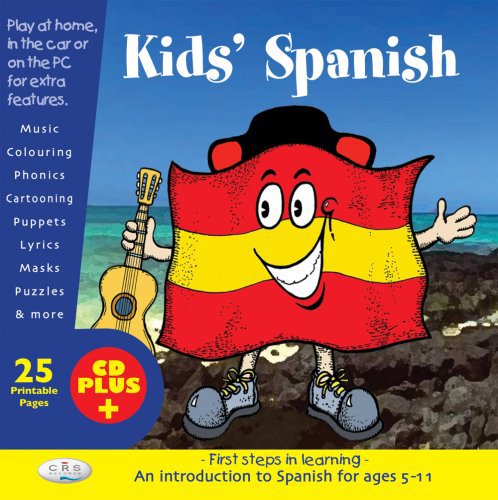 Cartoon Spanish flag character playing guitar, with accompanying CD and learning materials.