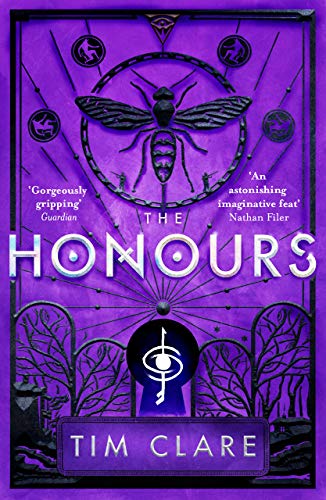 Book cover: "The Honours" by Tim Clare, purple and black design with insect.