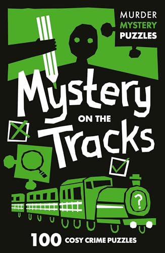 Green book cover with silhouette, train, magnifying glass, and puzzle pieces.