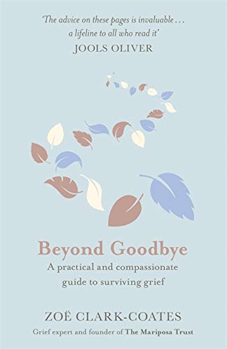 Book cover: "Beyond Goodbye," a grief support guide with falling leaves.