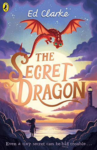 Book cover: red dragon flying over a coastal landscape with a girl.