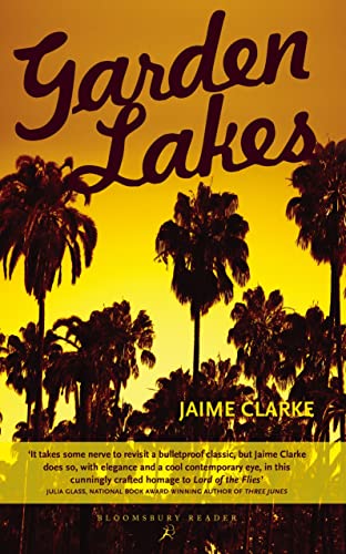 Book cover for "Garden Lakes" with silhouetted palm trees at sunset.