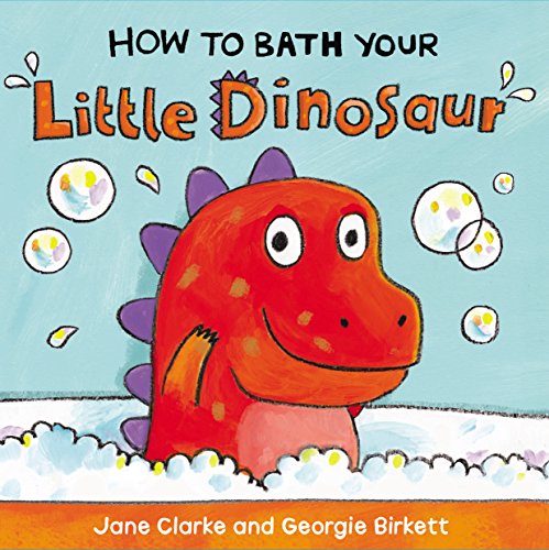 Red cartoon dinosaur in bubbly water, book cover illustration.