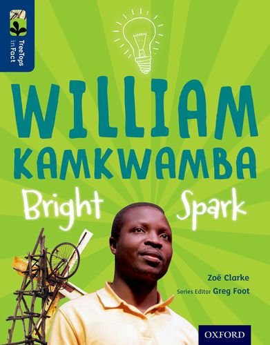 Book cover featuring William Kamkwamba, a young man, and a lightbulb.
