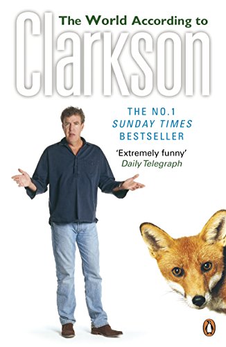 "Book cover with purple background, cartoon man shrugging, and 'The World According to Clarkson' text."