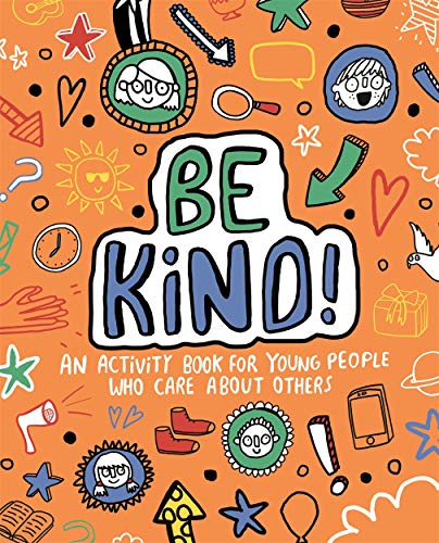 Orange book cover with hand-drawn doodles and the words "BE KIND!" in large letters.