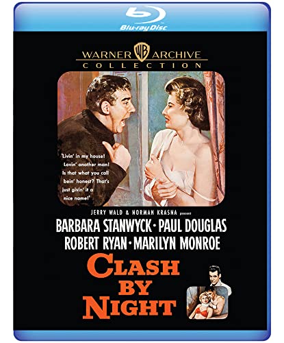 Clash By Night" Blu-ray cover featuring a distressed couple and Marilyn Monroe.