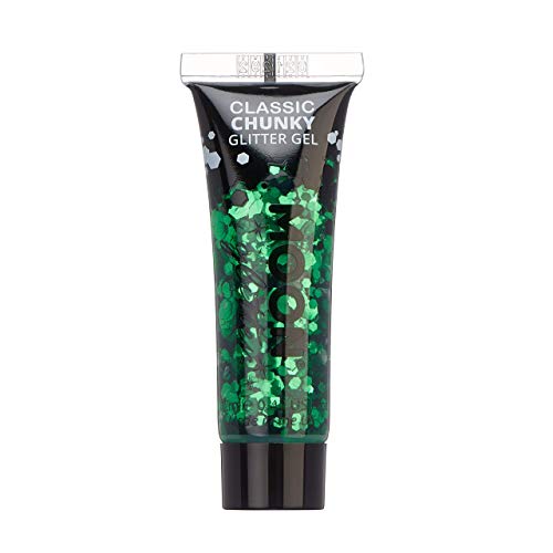 Black tube of Moon Glitter Classic Chunky Glitter Gel containing green chunky glitter.