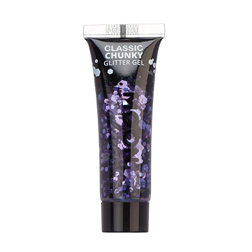 A tube of lavender chunky glitter gel against a black background.