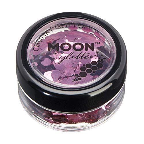 Small round jar filled with pink chunky cosmetic glitter and a black screw-top lid.
