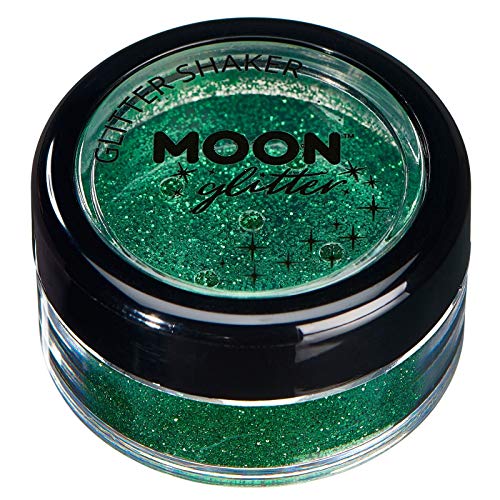 Small circular jar filled with fine green cosmetic glitter and a black screw-top lid.