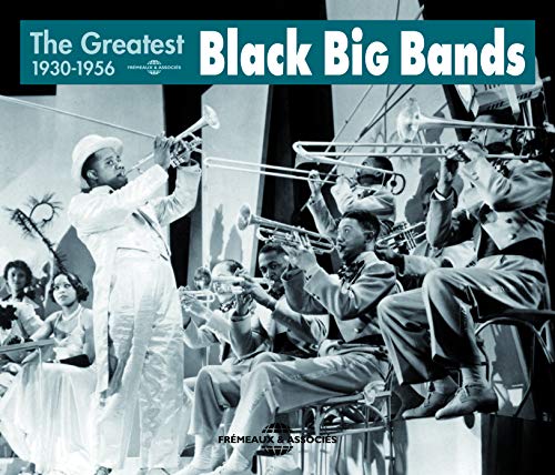 Vintage photo of a Black big band with brass instruments, 1930-1956.