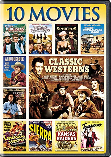 DVD cover displaying ten classic Western film posters with actors like John Wayne.