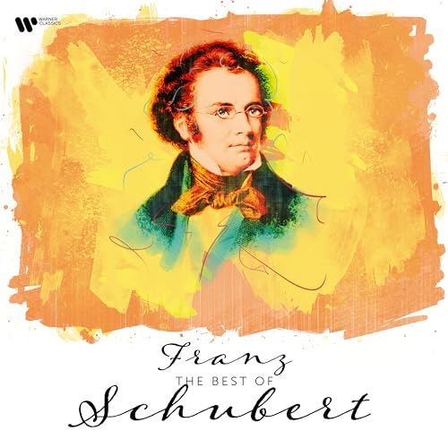 Portrait of Franz Schubert with colorful abstract paint splashes.