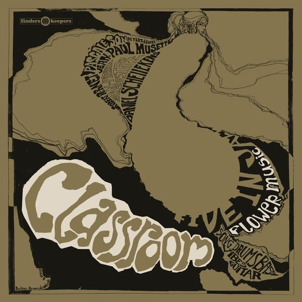 Classroom vinyl record cover with abstract brown illustration and text.