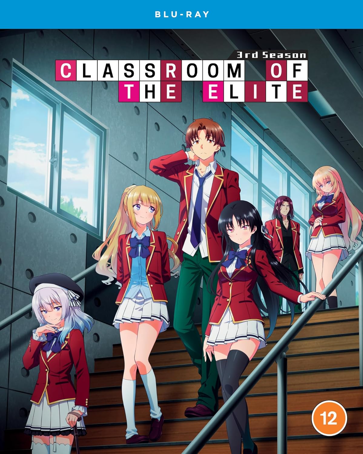 Classroom Of The Elite" Season 3 Blu-ray cover featuring anime characters on stairs.