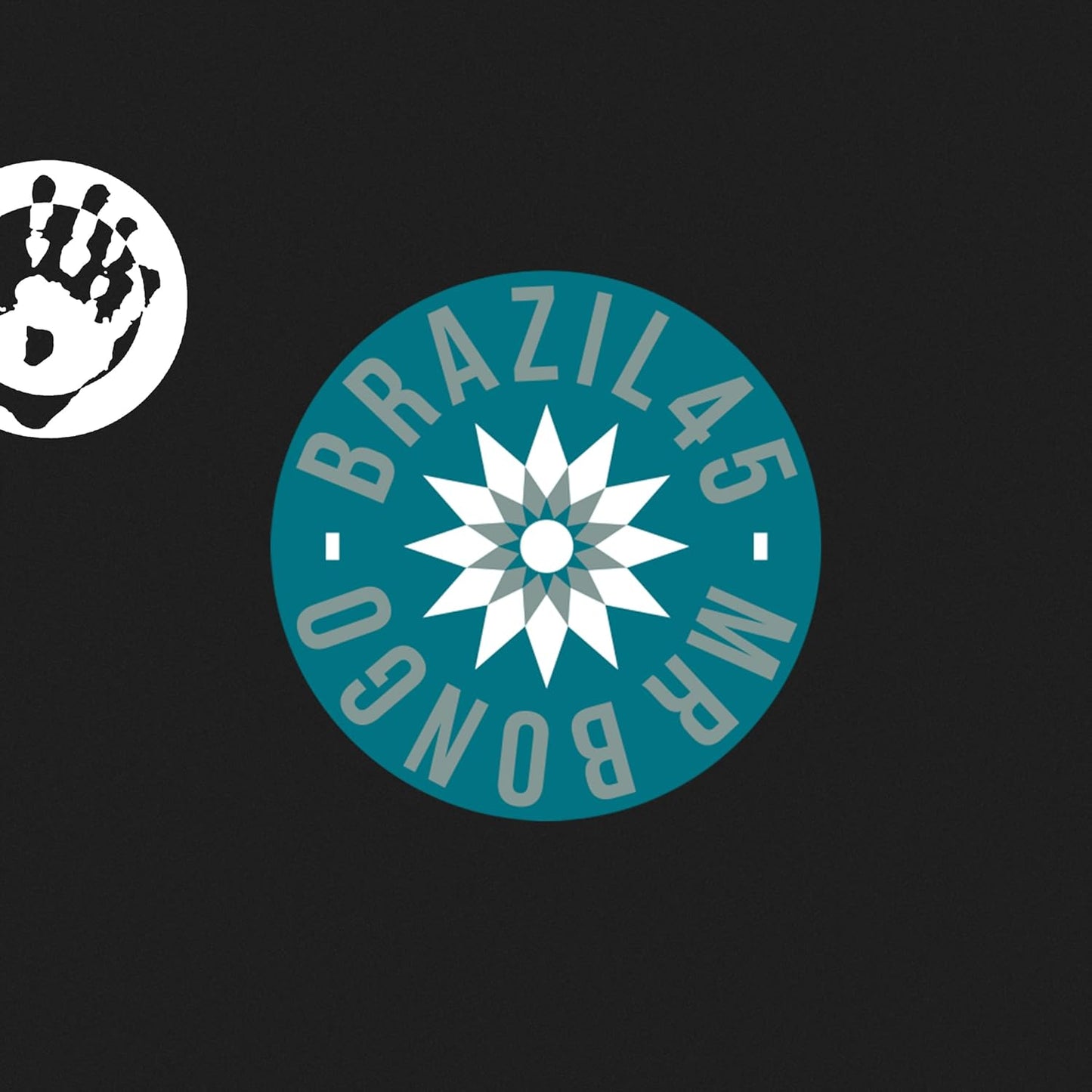 Vinyl record label with handprint and teal geometric design.