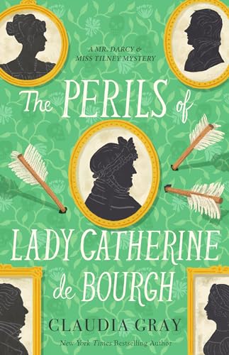 Book cover with silhouettes in gold frames, arrows, and green floral background pattern.