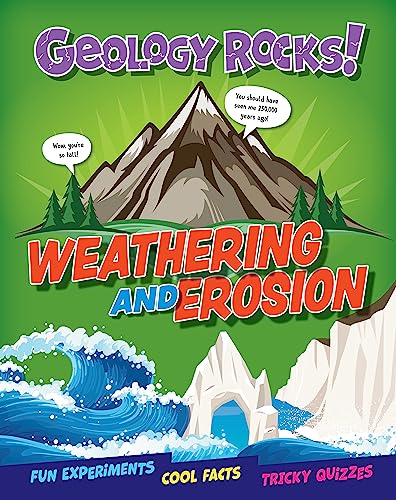 Book cover: "Geology Rocks!" illustrating mountains, water, and weathering/erosion.