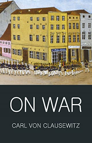 Book cover showing soldiers marching past yellow buildings with title On War by Clausewitz.