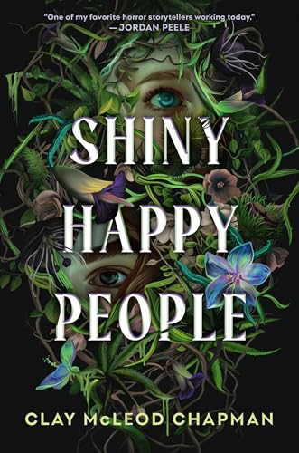 Book cover featuring eyes peering through dense green vines and colorful tropical flowers.