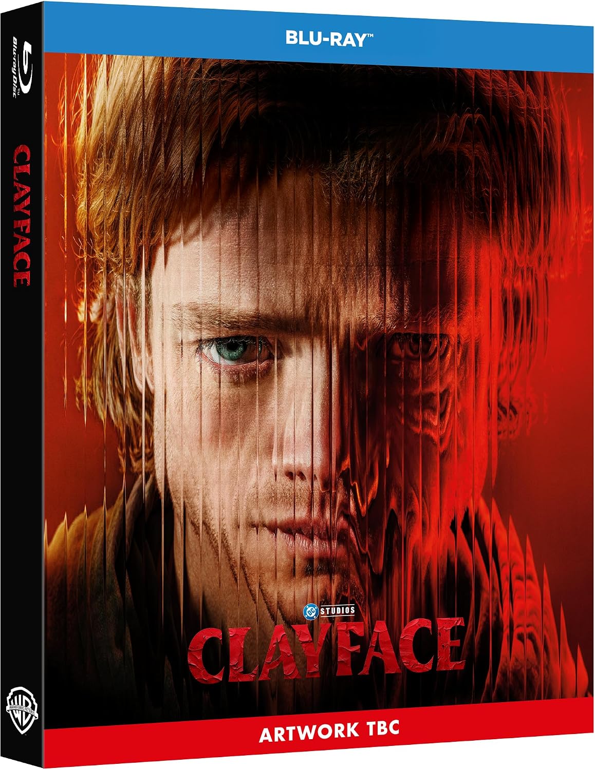 Blu-ray cover for "Clayface" featuring a distorted man’s face in red tones.