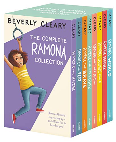 A box set of eight Ramona books by Beverly Cleary featuring a girl on rings.