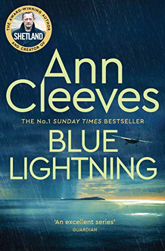 Book cover: “Blue Lightning (Shetland)” with stormy sea and airplane.