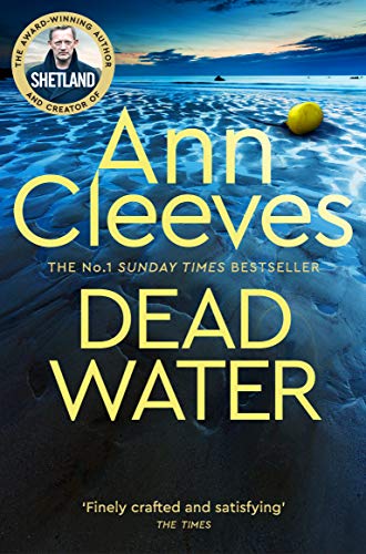 Book cover of Dead Water by Ann Cleeves featuring a wet beach at dusk.