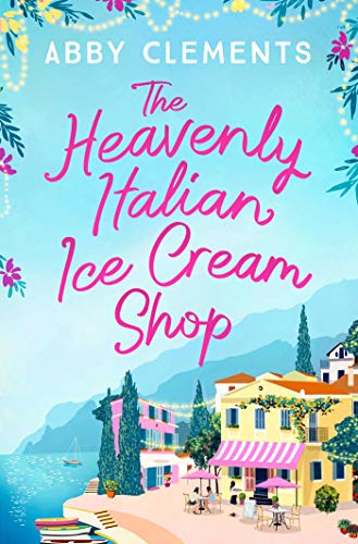 Book cover with pink cursive title and coastal Italian village scene.