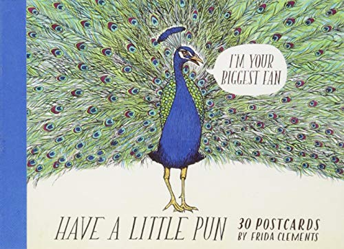 Postcard package cover with illustrated peacock and humorous text bubble.