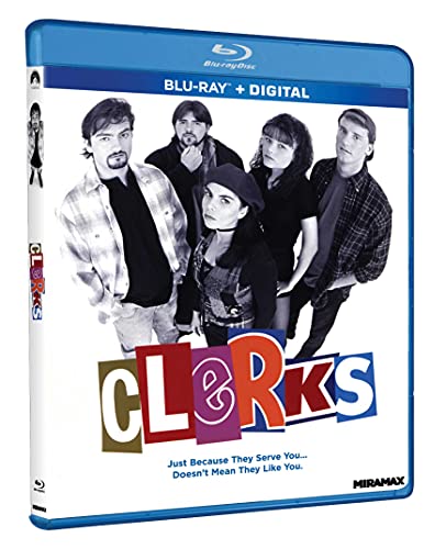 Clerks" Blu-ray case featuring the film’s cast and colorful title art.