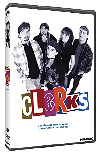 Clerks" DVD cover featuring five young adults in casual clothing.
