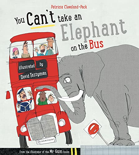 A large grey elephant stands next to a red double-decker bus filled with passengers.