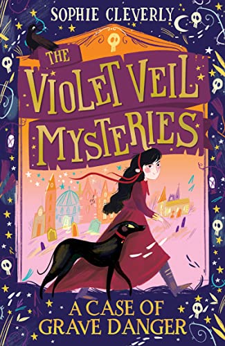 Book cover: girl with dog, illustrated town, purple and gold lettering.
