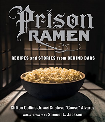 Book cover for “Prison Ramen” featuring ramen in a dark bowl, prison bars.