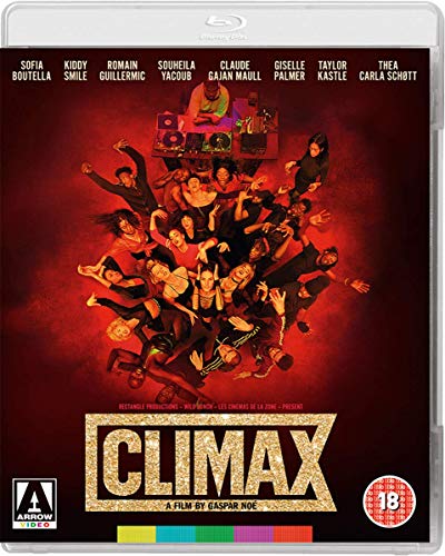Climax" Blu-ray cover featuring a chaotic group of dancers in red lighting.