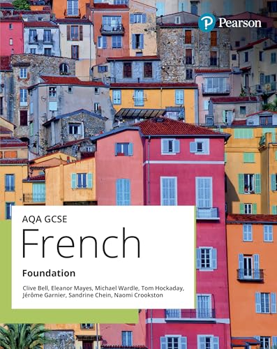French textbook cover with colorful buildings and text: "AQA GCSE French Foundation".
