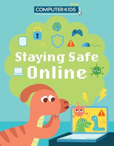 Book cover with a worried dinosaur looking at a laptop with internet safety icons.