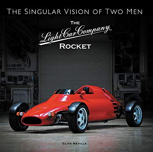 Red vintage sports car, “The Light Car Company Rocket” book cover.